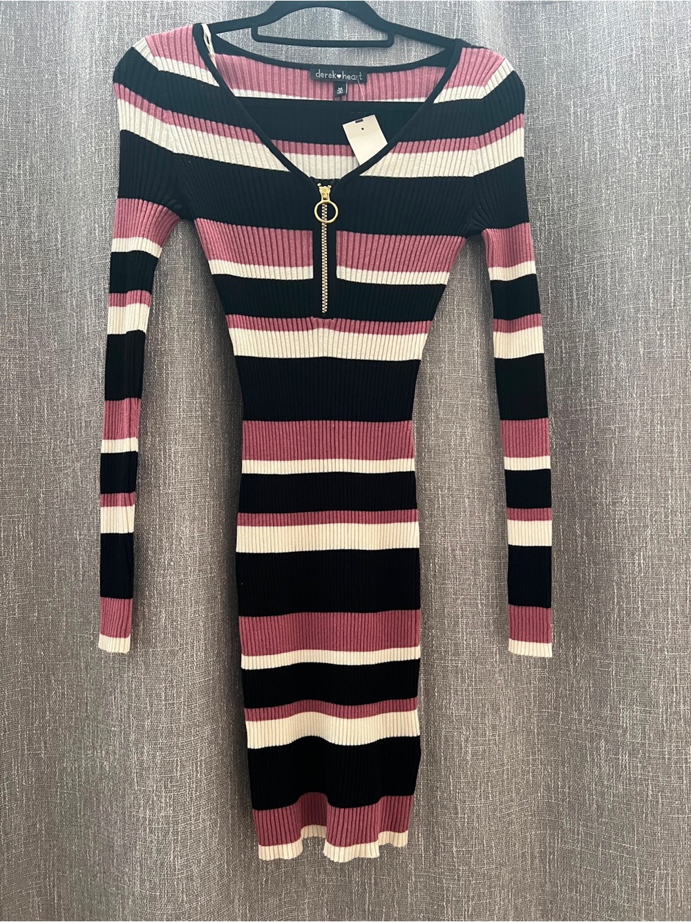 Derek Rose Ribbed Stripe Zip-Up Dress - Black, Rose & Cream - Picture 3 of 3